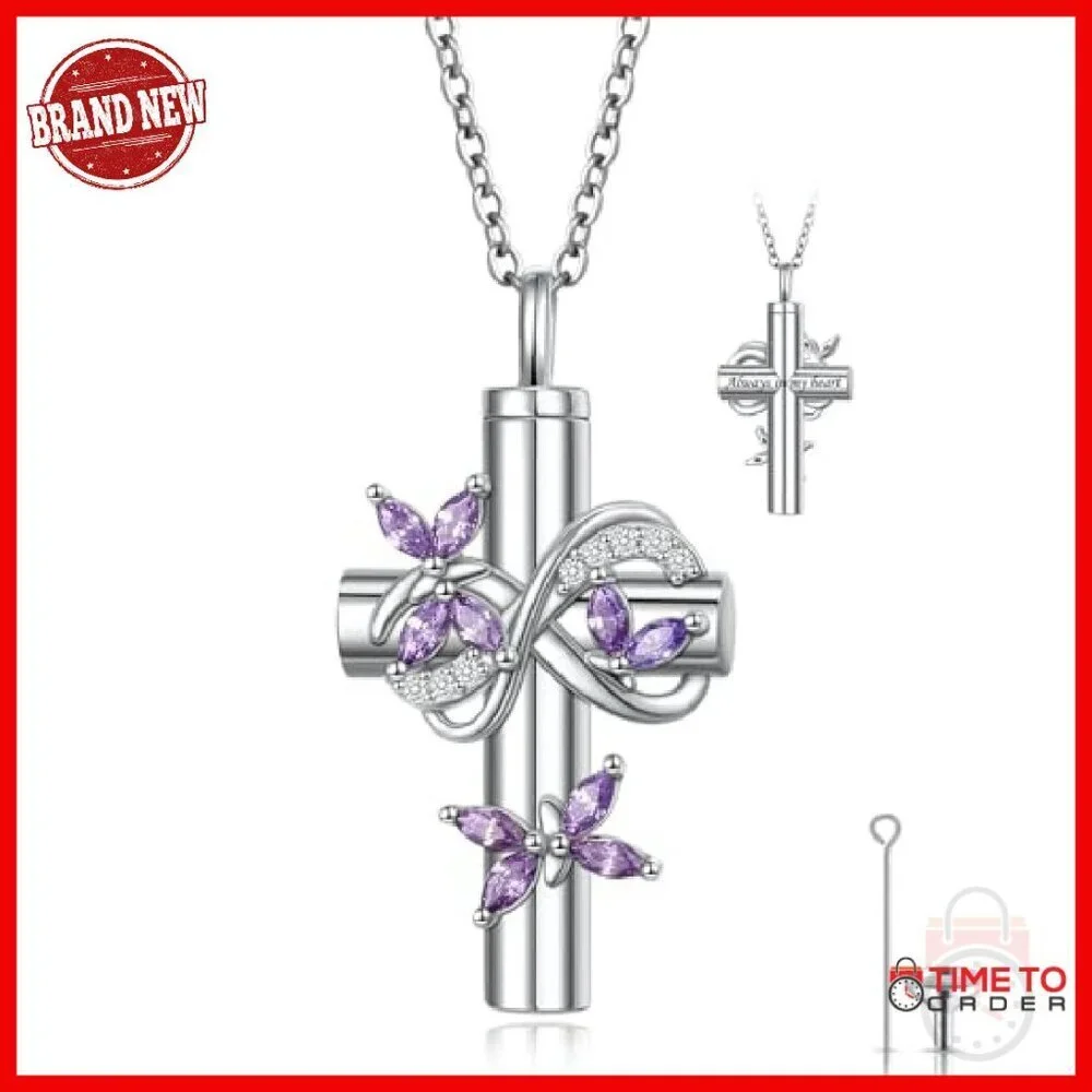 Sterling Silver Butterfly Cross Urn Necklace for Ashes Memorial Jewelry